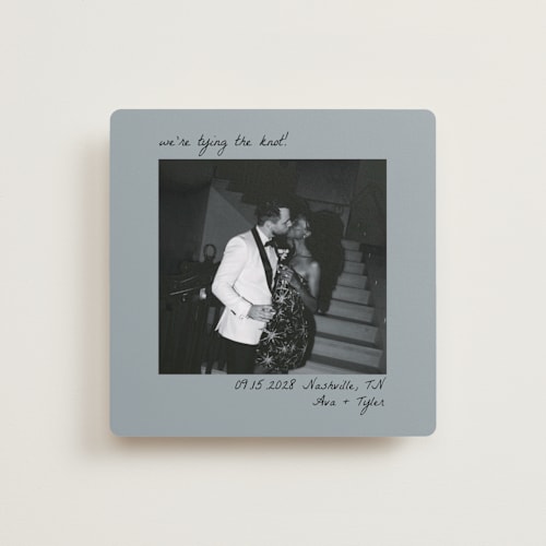 This is a alabaster save the date with standard by Brittney Jensen called polaroid printing on recycled smooth signature in square