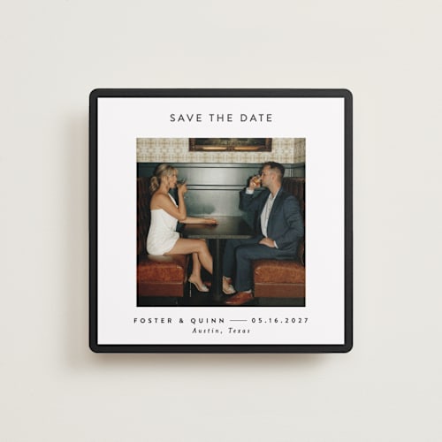This is a charcoal save the date with standard by JoAnn Jinks called square printing on recycled smooth signature in standard