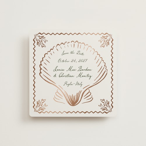 This is a algae foil stamped save the date cards with foil pressed by Pati Cascino called puglia printing on signature in square