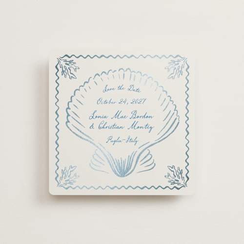 This is a ocean foil stamped save the date cards with foil pressed by Pati Cascino called puglia printing on signature in square