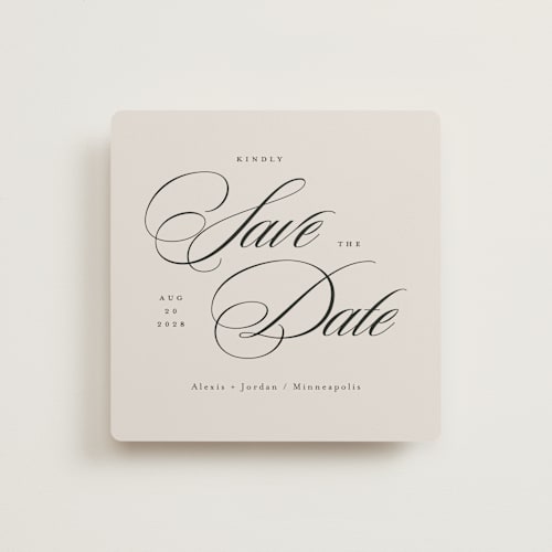 This is a vanilla save the date with standard by Michelle Taylor called square script printing on signature in square