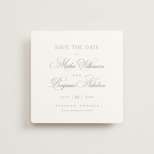 This is a garden save the date with standard by Kelly Schmidt called chic script printing on signature in square
