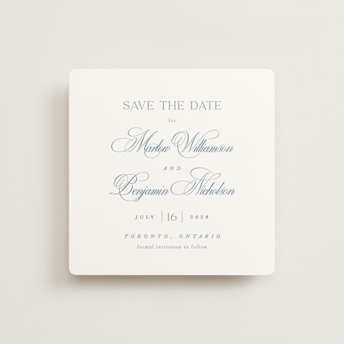 This is a ocean save the date with standard by Kelly Schmidt called chic script printing on signature in square