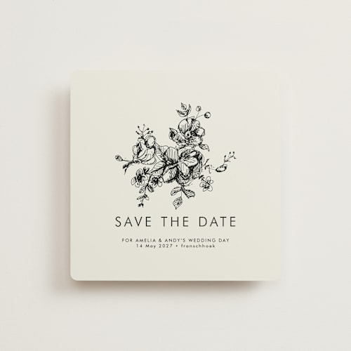 This is a cream save the date with standard by Phrosné Barwood called elegance illustrated printing on signature in standard