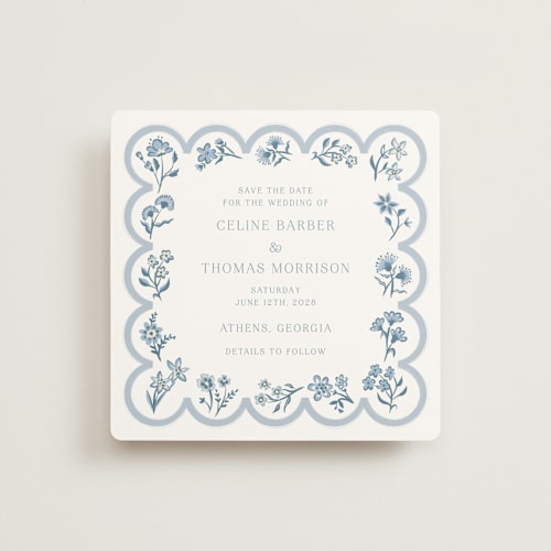 This is a bluebell save the date with standard by Hannah Bowman called petite jolie printing on signature in standard