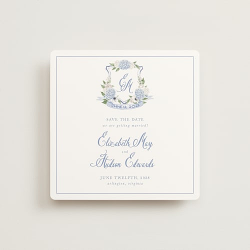 This is a periwinkle save the date with standard by Design Lotus called sweethearts printing on signature in square
