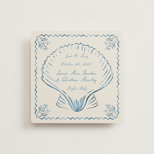This is a ocean save the date with standard by Pati Cascino called puglia printing on signature in square