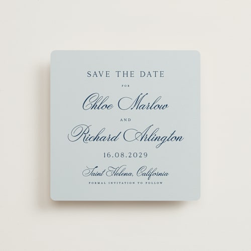 This is a sky save the date with standard by Kelly Schmidt called landscape script printing on signature in standard