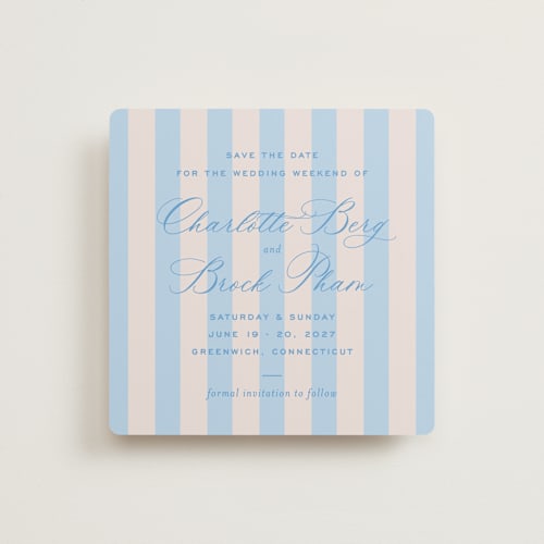 This is a bluebell save the date with standard by Megan Davis called racquet printing on signature in square