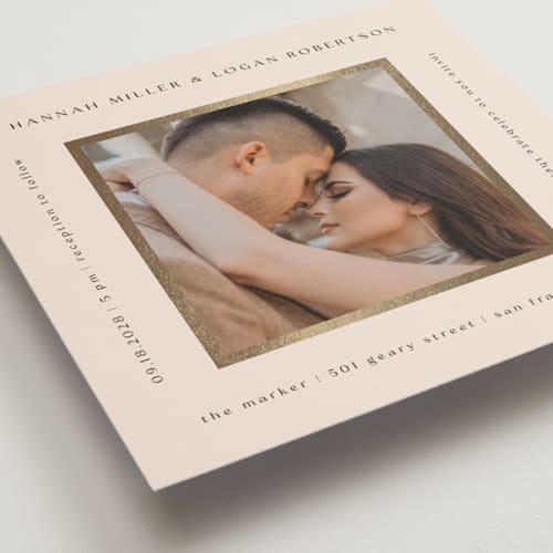 This is a latte foil stamped wedding invitations with foil pressed by Stacy Maalouf called framed photo printing on recycled smooth signature in standard