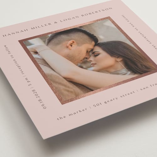 This is a dusty rose foil stamped wedding invitations with foil pressed by Stacy Maalouf called framed photo printing on recycled smooth signature in standard