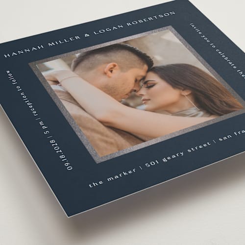 This is a navy foil stamped wedding invitations with foil pressed by Stacy Maalouf called framed photo printing on recycled smooth signature in standard