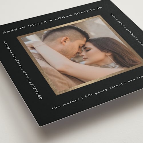 This is a tuxedo foil stamped wedding invitations with foil pressed by Stacy Maalouf called framed photo printing on recycled smooth signature in standard