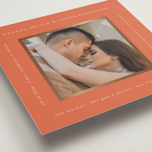 This is a verona sunset foil stamped wedding invitations with foil pressed by Stacy Maalouf called framed photo printing on recycled smooth signature in standard