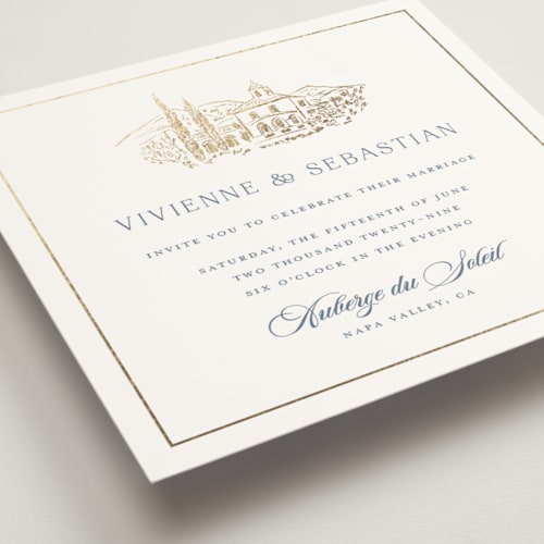 This is a royal foil stamped wedding invitations with foil pressed by Lucrecia Caporale called country elegance printing on signature in standard