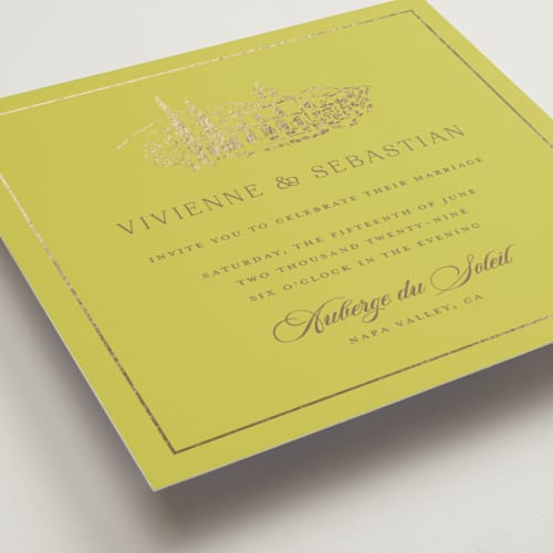This is a lemon foil stamped wedding invitations with foil pressed by Lucrecia Caporale called country elegance printing on signature in standard
