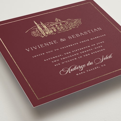 This is a merlot foil stamped wedding invitations with foil pressed by Lucrecia Caporale called country elegance printing on signature in standard