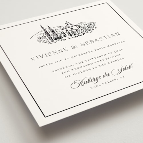 This is a charcoal foil stamped wedding invitations with foil pressed by Lucrecia Caporale called country elegance printing on signature in standard