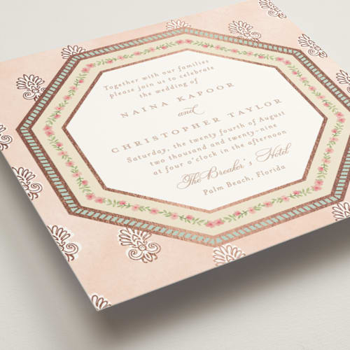 This is a narangi foil stamped wedding invitations with foil pressed by Creo Study called alamgamation printing on signature in standard