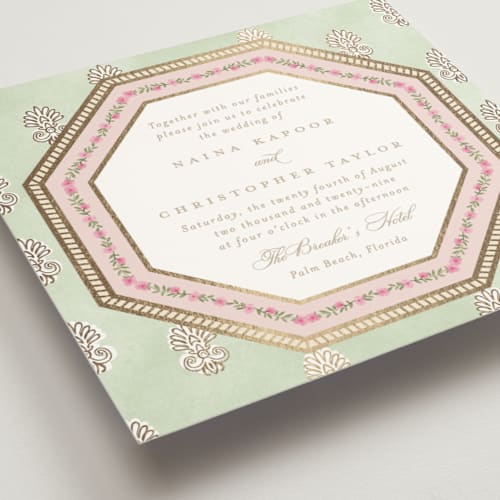 This is a patta foil stamped wedding invitations with foil pressed by Creo Study called alamgamation printing on signature in standard