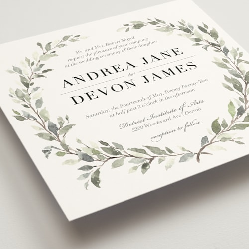 This is a linen wedding invitations with standard by Katrina Crouch called watercolor wreath printing on signature in standard