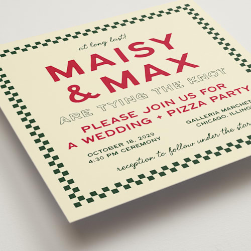 This is a pizzeria wedding invitations with standard by Ani Somi called trattoria printing on signature in standard