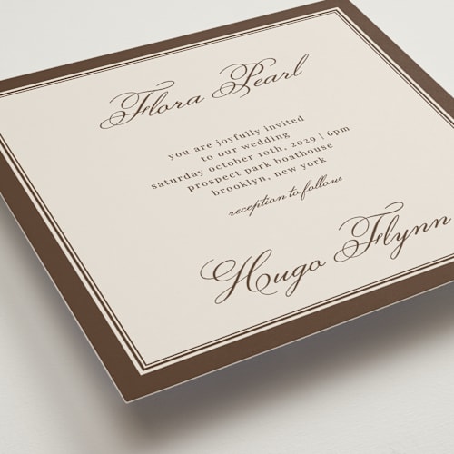 This is a chocolate wedding invitations with standard by Kelly Watkins called emerson printing on signature in standard