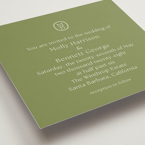 This is a moss wedding invitations with standard by Megan Davis called perriand printing on signature in standard