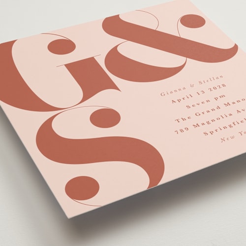 This is a terracotta wedding invitations with standard by Lori Wemple called monogram square printing on signature in standard