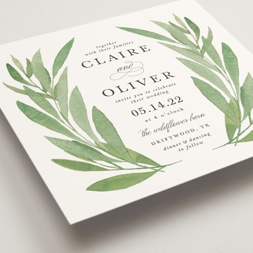 This is a basil wedding invitations with standard by Olivia Raufman called garden square printing on signature in standard