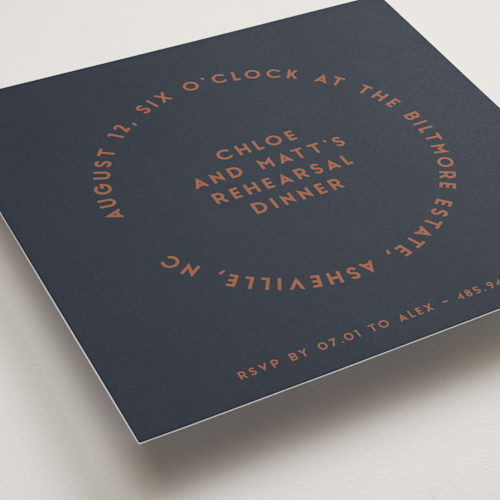 This is a midnight rehearsal dinner invitations with standard by Gwen Bedat called round printing on signature in standard