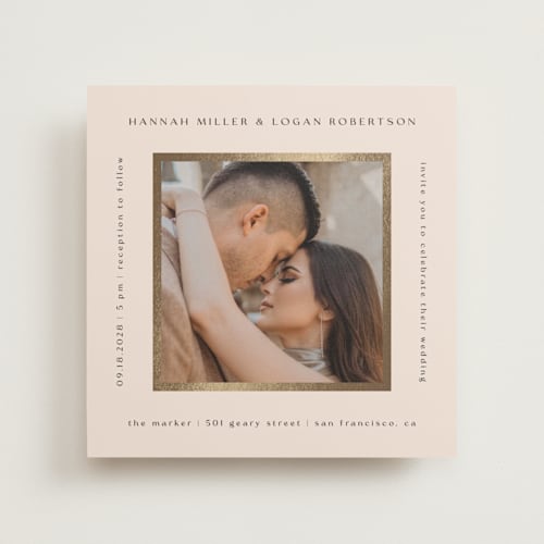 This is a latte foil stamped wedding invitations with foil pressed by Stacy Maalouf called framed photo printing on recycled smooth signature in standard