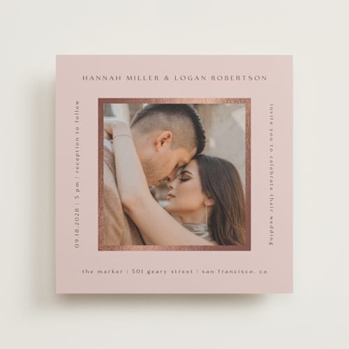 This is a dusty rose foil stamped wedding invitations with foil pressed by Stacy Maalouf called framed photo printing on recycled smooth signature in standard