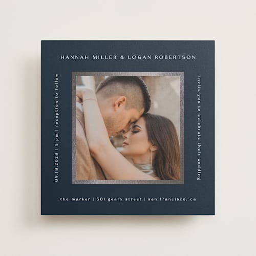 This is a navy foil stamped wedding invitations with foil pressed by Stacy Maalouf called framed photo printing on recycled smooth signature in standard