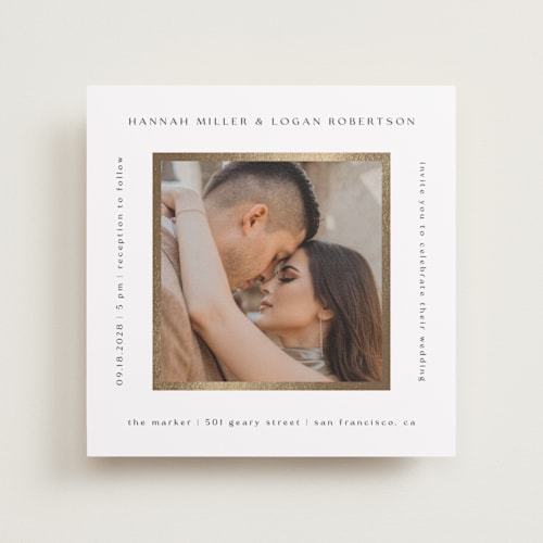 This is a porcelain foil stamped wedding invitations with foil pressed by Stacy Maalouf called framed photo printing on recycled smooth signature in standard