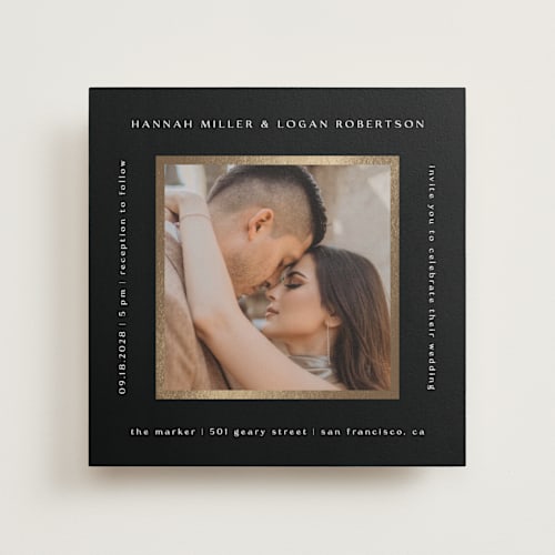 This is a tuxedo foil stamped wedding invitations with foil pressed by Stacy Maalouf called framed photo printing on recycled smooth signature in standard