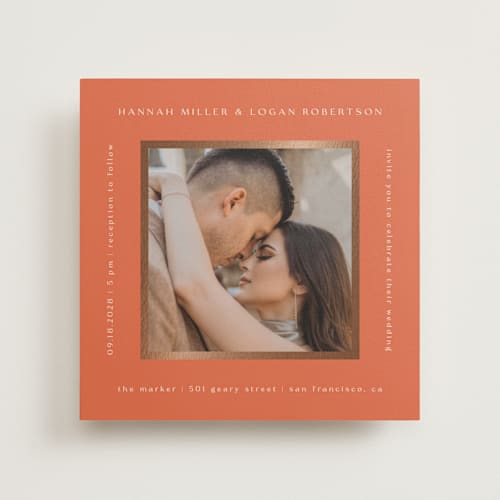 This is a verona sunset foil stamped wedding invitations with foil pressed by Stacy Maalouf called framed photo printing on recycled smooth signature in standard