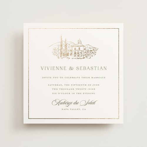 This is a sage green foil stamped wedding invitations with foil pressed by Lucrecia Caporale called country elegance printing on signature in standard
