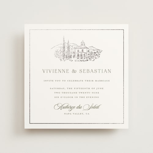 This is a sage foil stamped wedding invitations with foil pressed by Lucrecia Caporale called country elegance printing on signature in standard