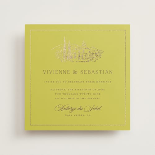 This is a lemon foil stamped wedding invitations with foil pressed by Lucrecia Caporale called country elegance printing on signature in standard