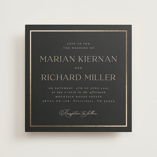This is a charcoal foil stamped wedding invitations with foil pressed by Lucrecia Caporale called timeless charm printing on signature in standard