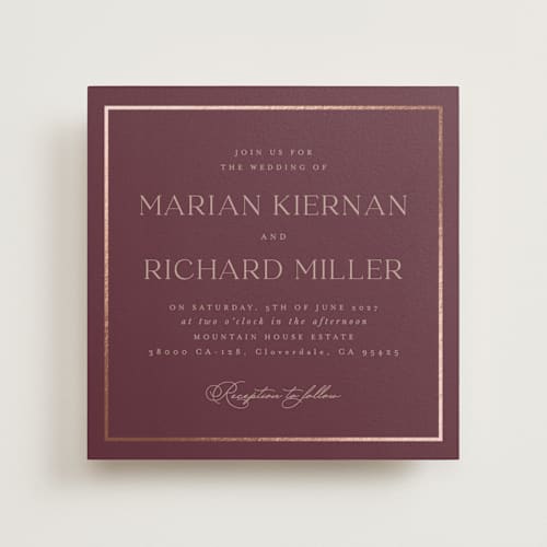 This is a cabernet foil stamped wedding invitations with foil pressed by Lucrecia Caporale called timeless charm printing on signature in standard