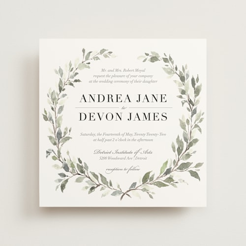 This is a linen wedding invitations with standard by Katrina Crouch called watercolor wreath printing on signature in standard