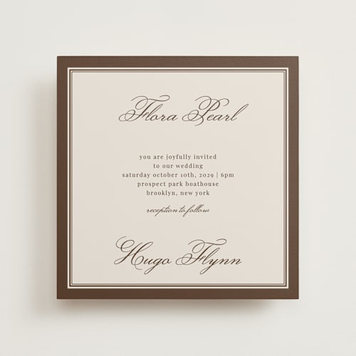 This is a chocolate wedding invitations with standard by Kelly Watkins called emerson printing on signature in standard