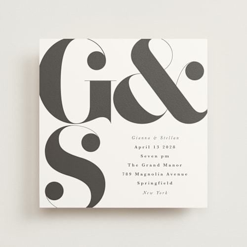 This is a charcoal wedding invitations with standard by Lori Wemple called monogram square printing on signature in standard
