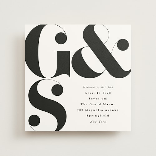 This is a coal wedding invitations with standard by Lori Wemple called monogram square printing on signature in standard