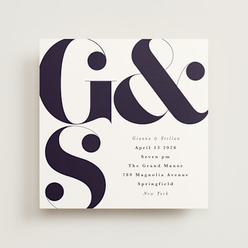 This is a blackberry wedding invitations with standard by Lori Wemple called monogram square printing on signature in standard