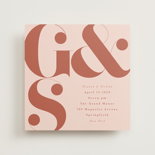 This is a terracotta wedding invitations with standard by Lori Wemple called monogram square printing on signature in standard