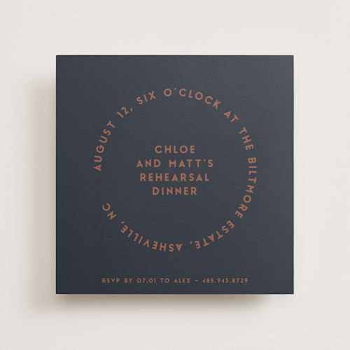 This is a midnight rehearsal dinner invitations with standard by Gwen Bedat called round printing on signature in standard