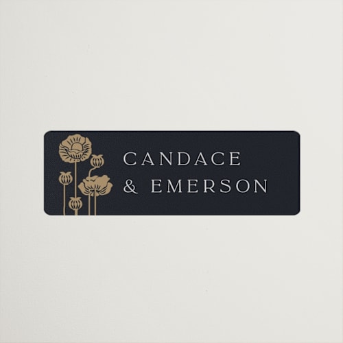 This is a navy wedding favor labels with standard by Ana de Sousa called nouveau flowers printing on uncoated sticker paper in sticker